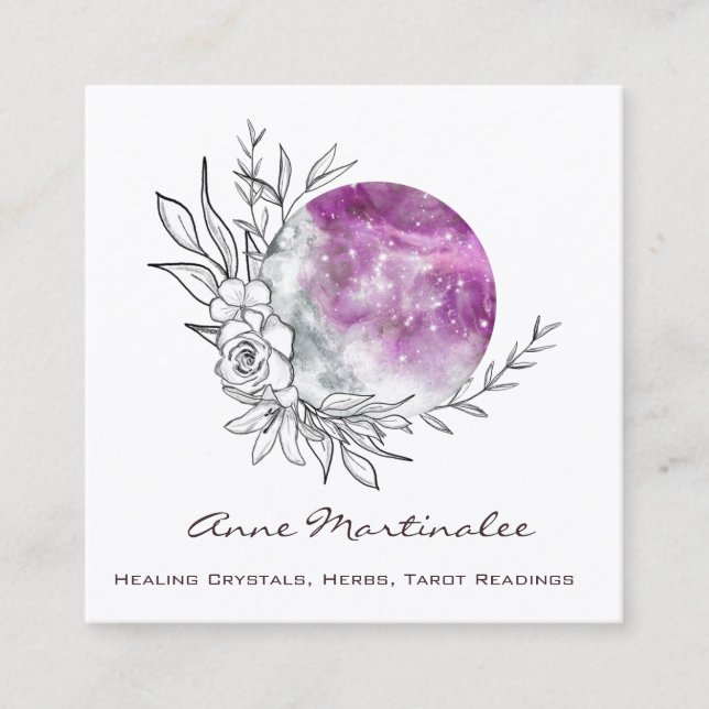 Lila florale Moon Square Business Card Quadratische Visitenkarte (Vorderseite)