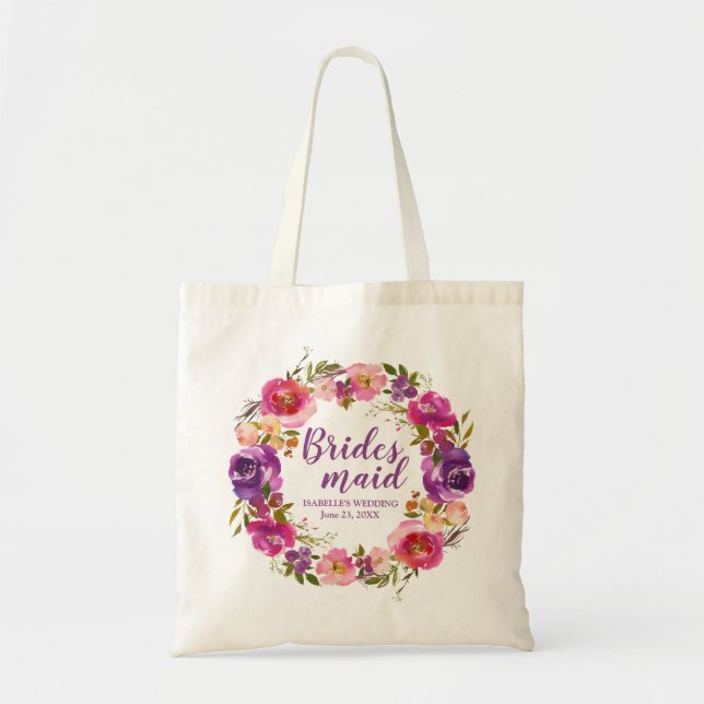 Lila florale Personalisierte Bridesmaid-Tasche Tragetasche (Vorne)