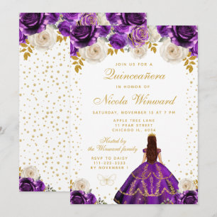 Lila Florale Prinzessin Quinceañera Einladung