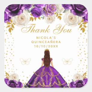 Lila Florale Prinzessin Quinceañera Quadratischer Aufkleber