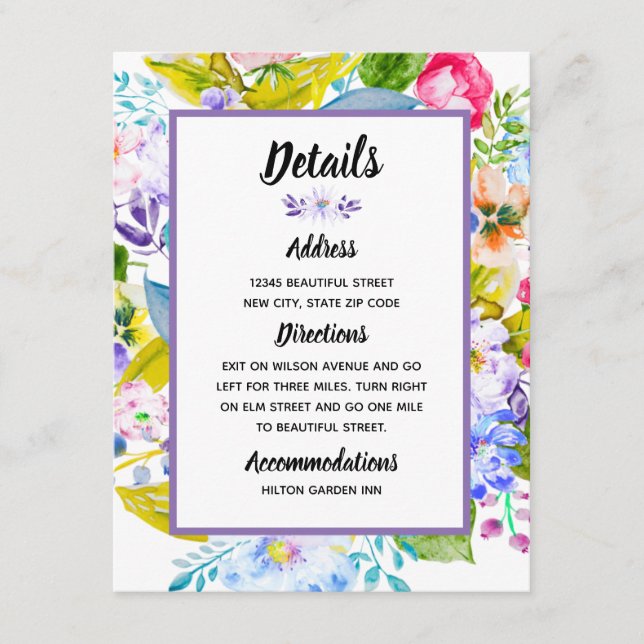 Lila florale romantische Hochzeitdetails Begleitkarte (Vorderseite)