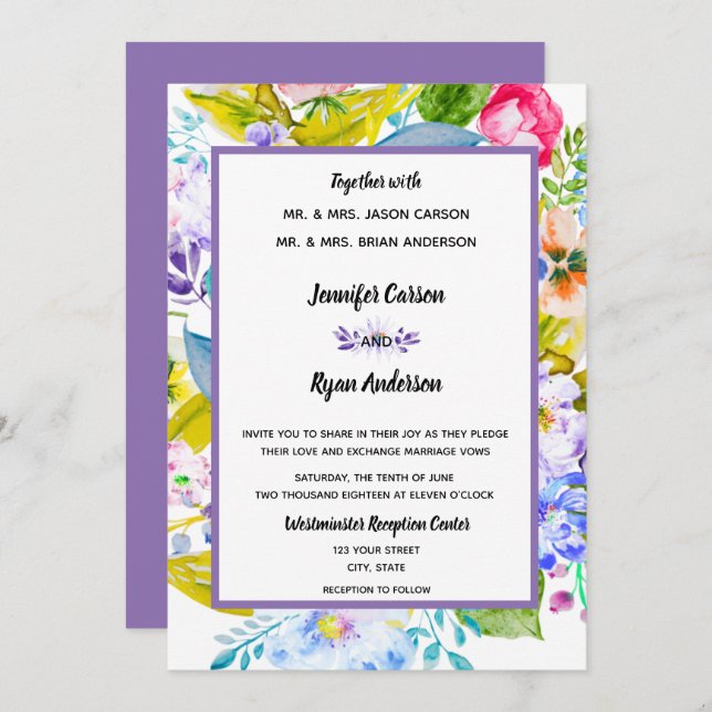 Lila florale romantische Hochzeitseinladung Einladung (Vorne/Hinten)