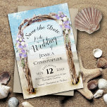 Lila florale rustikale Driftwood Beach Arbor Hochz Save The Date<br><div class="desc">Diese schöne Save the Date-Karte ist perfekt für eine Hochzeit in Urlaubsort. Es zeichnet sich durch ein typografisches Design aus,  das in einem wasserfarbenen,  treibendem Holzbalken mit lila und weißen Blume aus Lavatruder kalligraphisch dargestellt ist. Es gibt Platz für Ihre Namen,  das Datum und die Hochzeitslocation.</div>