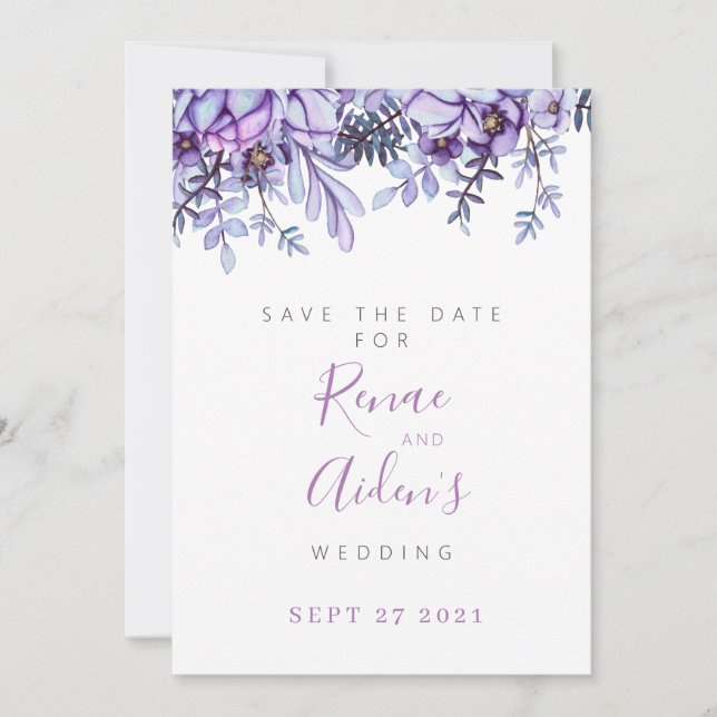Lila florale Save the Date-Karte Date (Vorderseite)