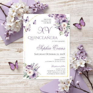 Lila Florale Schmetterlinge Quinceañera Einladung