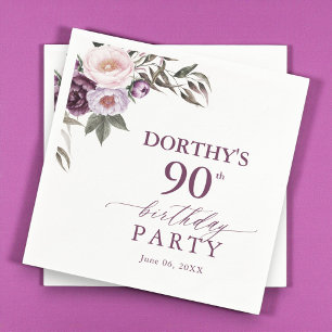 Lila Florale Schrift zum 90. Geburtstag Serviette