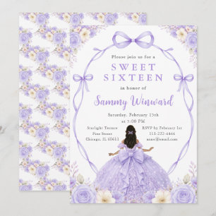 Lila Florale Schwarze Prinzessin Sweet Sixteen Einladung