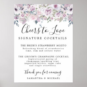 Lila florale Signature Cocktails Hochzeitszeichen Poster