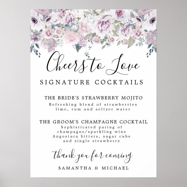 Lila florale Signature Cocktails Hochzeitszeichen  Poster (Vorne)