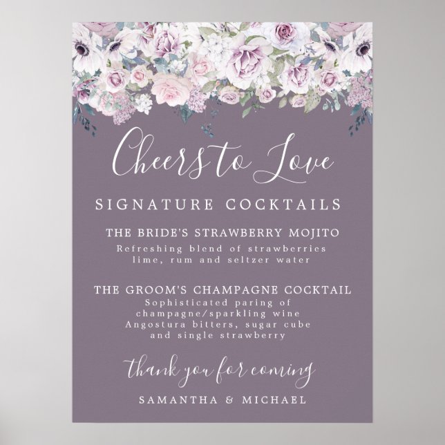 Lila florale Signature Cocktails Hochzeitszeichen  Poster (Vorne)