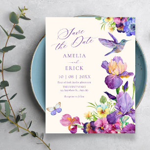 Lila florale Vogelkunst elegante Hochzeit Save The Date