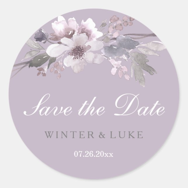 Lila florale Wasserfarbe Save the Date Aufkleber (Vorderseite)