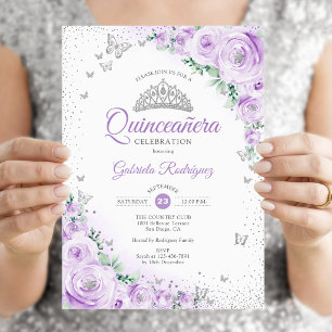 Lila Florale Wasserfarben-Rosen Quinceanera Einladung