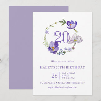 Lila florale Wildblume Vintag 20. Geburtstag Einladung