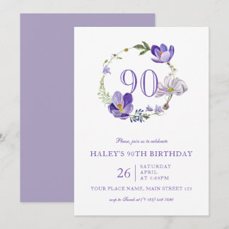 Lila florale Wildblume Vintag 90. Geburtstag Einladung