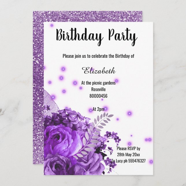 LILA FLORALER GLITZER GEBURTSTAG EINLADUNG (Vorne/Hinten)