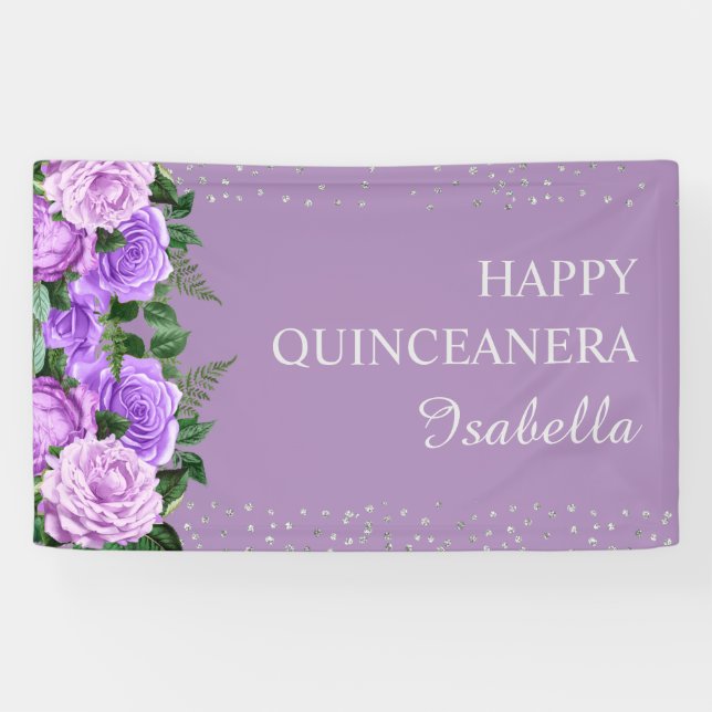 Lila floraler Glitzer Happy Quinceañera Name Banner (Horizontal)