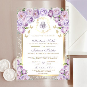 Lila floraler goldener Bogen Muslimische Hochzeit Acryleinladungen