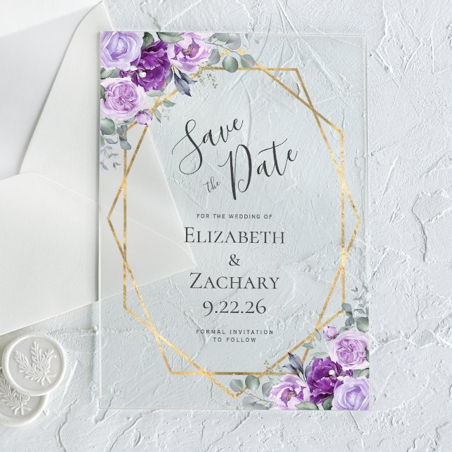 Lila floraler Goldrahmen Save the Date Acryleinladungen (Von Creator hochgeladen)