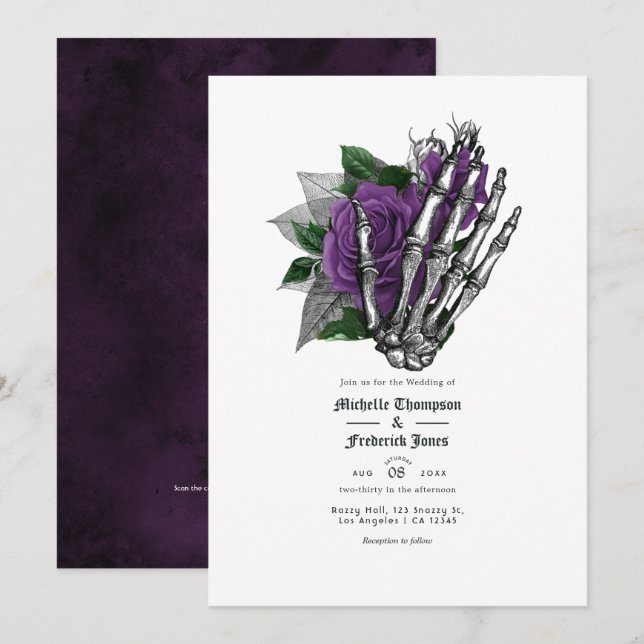 Lila floraler Gothic Wedding QR Code Einladung (Vorne/Hinten)