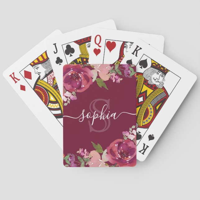 Lila floraler Mit Monogramm Skriptname Spielkarten (Rückseite)