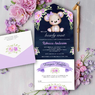 Lila floraler Teddybär Navy Blau Baby Shower All In One Einladung
