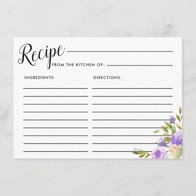 Lila florales Brautparty Rezeptkarte Begleitkarte (Vorderseite)