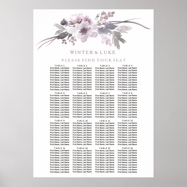 Lila florales Elegant 16 Tafelsitzplan Poster (Vorne)