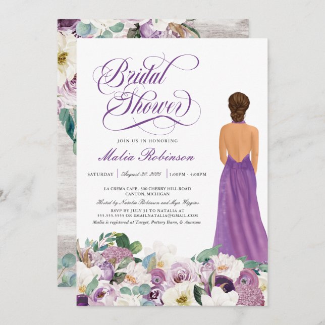 Lila florales Elegantes Hochzeitssorgen Brautparty Einladung (Vorne/Hinten)