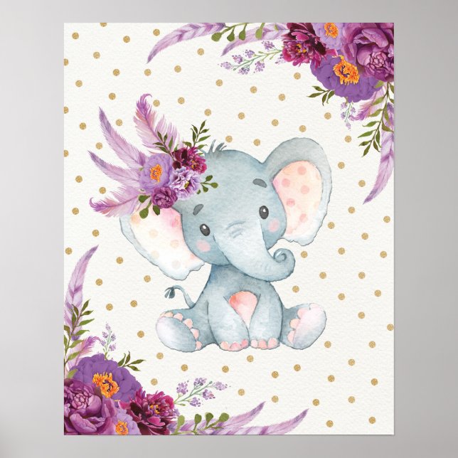 Lila florales Elephant Kinderzimmer Art Boho Deco  Poster (Vorne)