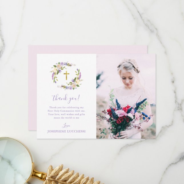 Lila florales First Heilige Kommunion Foto Dankeskarte (Vorderseite/Rückseite Beispiel)