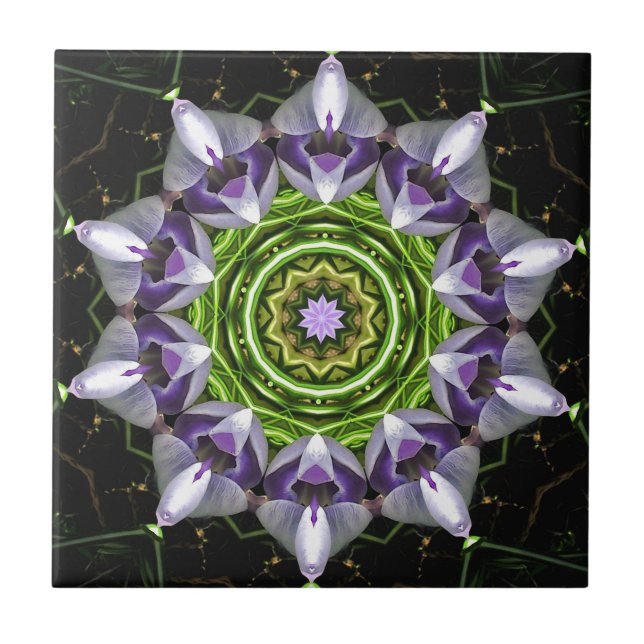 Lila florales Mandala-Kaleidoskop-Kunst Fliese (Vorderseite)
