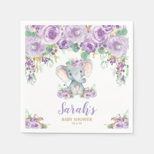 Lila florales Niedliches Elephant Baby Shower Baby Serviette (Vorderseite)