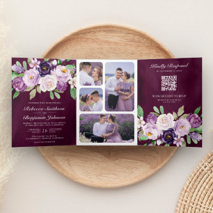 Lila Florales QR-Code Dunkle Moody-Pflaume Hochzei Dreifach Gefaltete Einladung