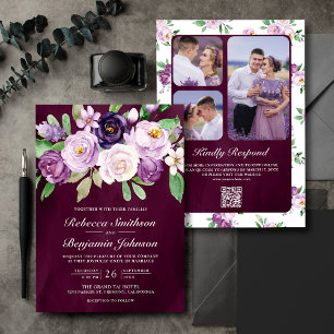 Lila Florales QR-Code Dunkle Moody-Pflaume Hochzei Einladung