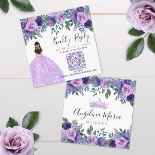 Lila Florales Quinceanera QR-Code RSVP Begleitkarte
