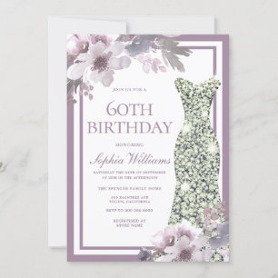 Lila florales Silber Diamant Kleid 60. Geburtstag Einladung