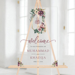 Lila florales Wappen Muslimische Hochzeitsbegrüßun Acrylschild
