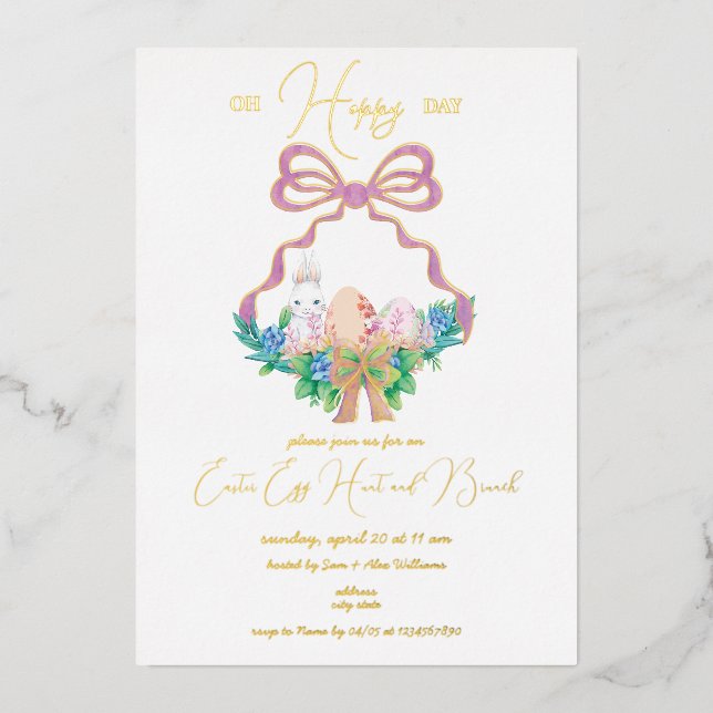 Lila florales Wappen Osterkorb Ei Hunt Brunch Folieneinladung (Vorderseite)