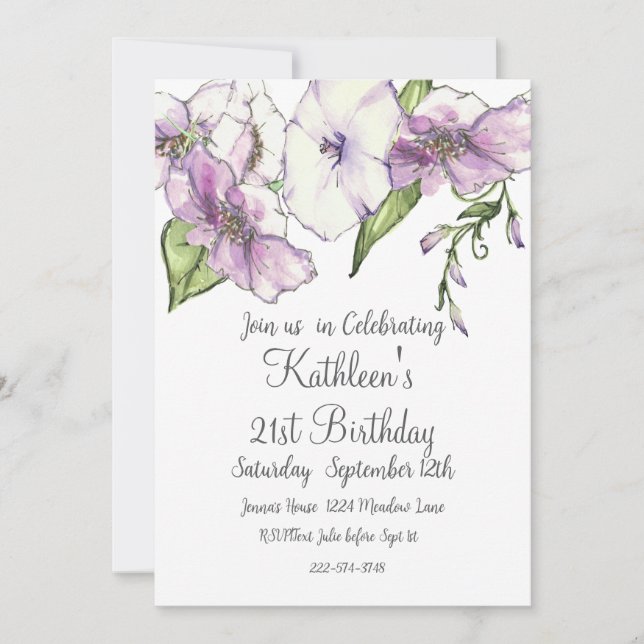 Lila Florals 21. Geburtstag Einladung (Vorderseite)