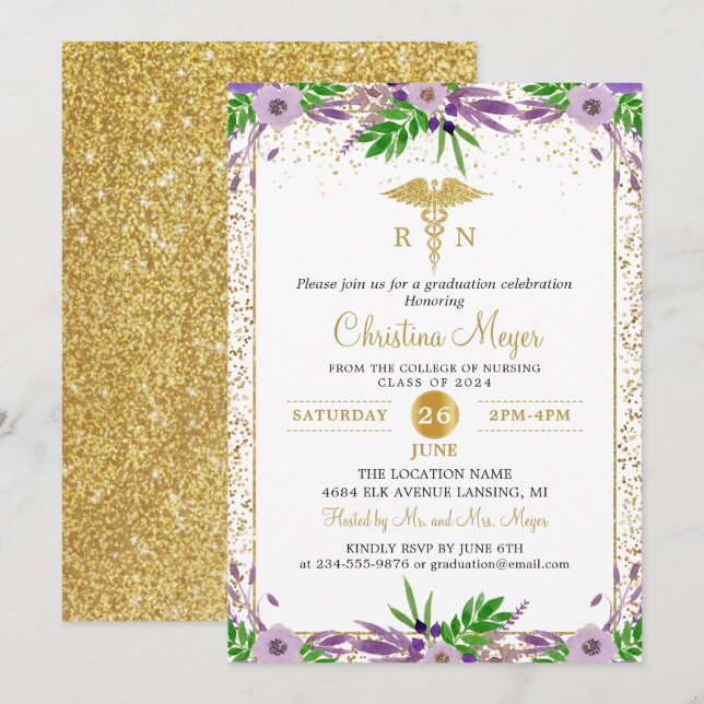 Lila Florentiner RN Nursing School Graduation Part Einladung (Vorne/Hinten)