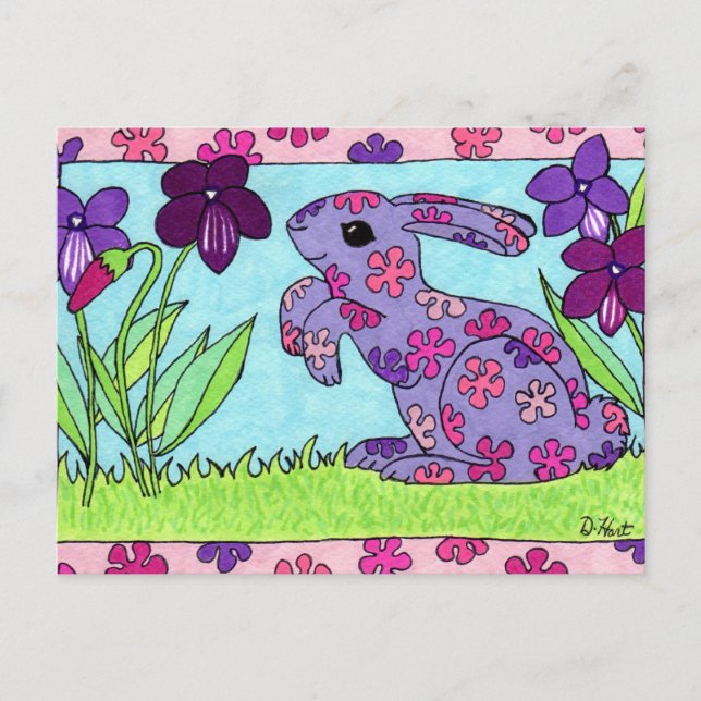 Lila Flower Bunny Postkarte (Vorderseite)