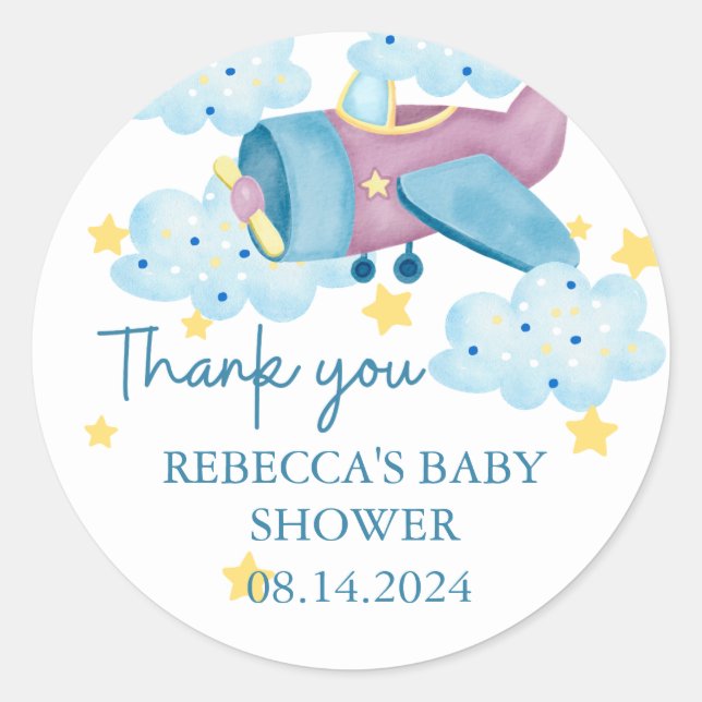 Lila Flugzeug nach oben und weg Vielen Dank Runder Aufkleber (Vorderseite)