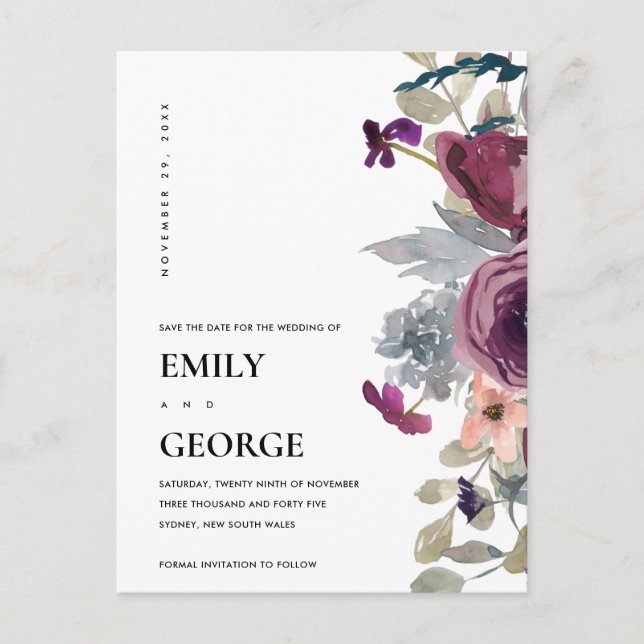 LILA FLÜSSEL-WASSERFLORAL SAVE THE DATE ANKÜNDIGUNGSPOSTKARTE (Vorderseite)