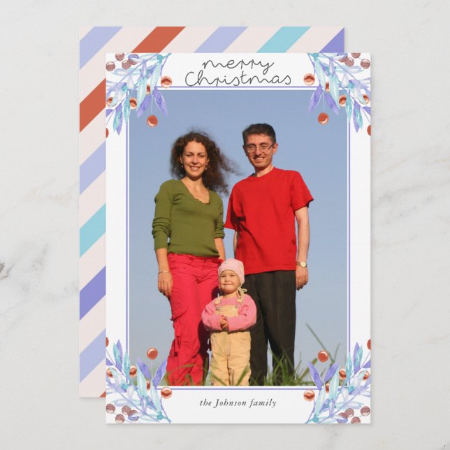 Lila Foliage Holly Berries Foto Weihnachtskarte Einladung (Vorne/Hinten)