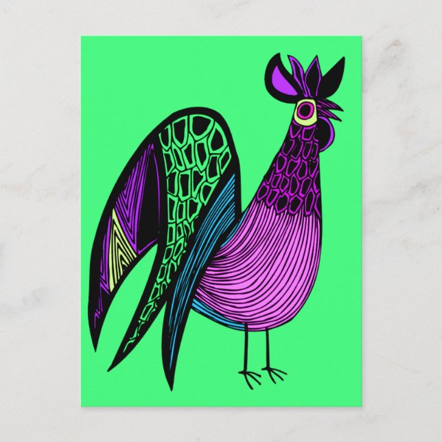 Lila Folk Art Rooster Postkarte (Vorderseite)