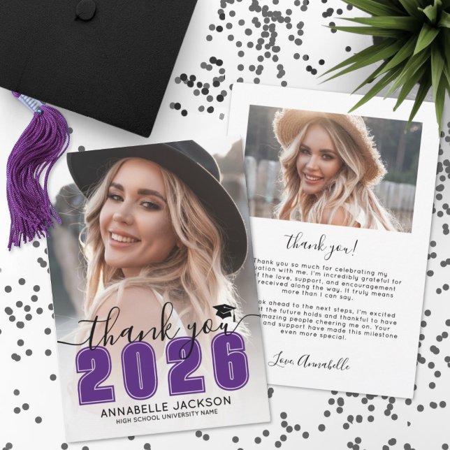 Lila Foto Abschlussfeier Dankeskarte (Purple Photo Graduation Thank You Card )
