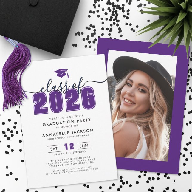 Lila Foto-Abschlussfeier Einladung (Purple Photo Graduation Party Invitation)