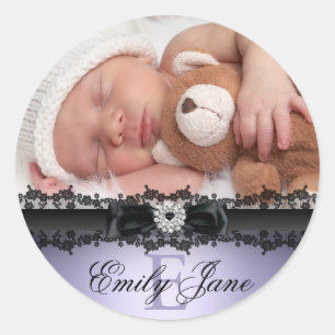Lila Foto-Ankündigung von Lace & Bow Runder Aufkleber