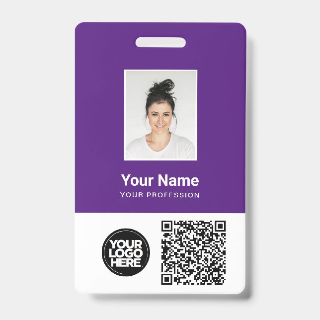 Lila Foto für Mitarbeiter, QR und Bar-Code, Logo,  Ausweis (Vorderseite)